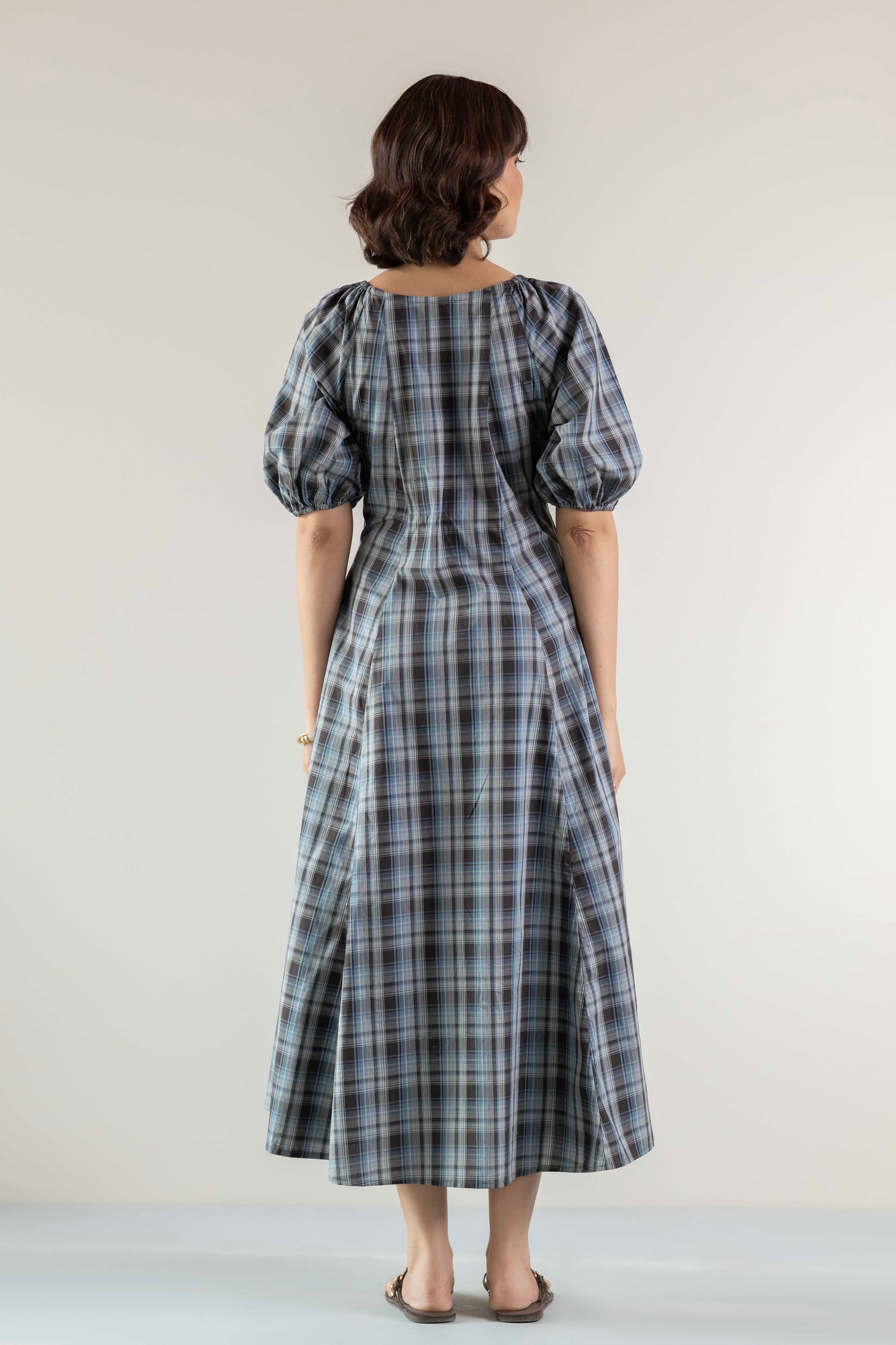 Blossom Swirl Dress- Blue Brown Plaid