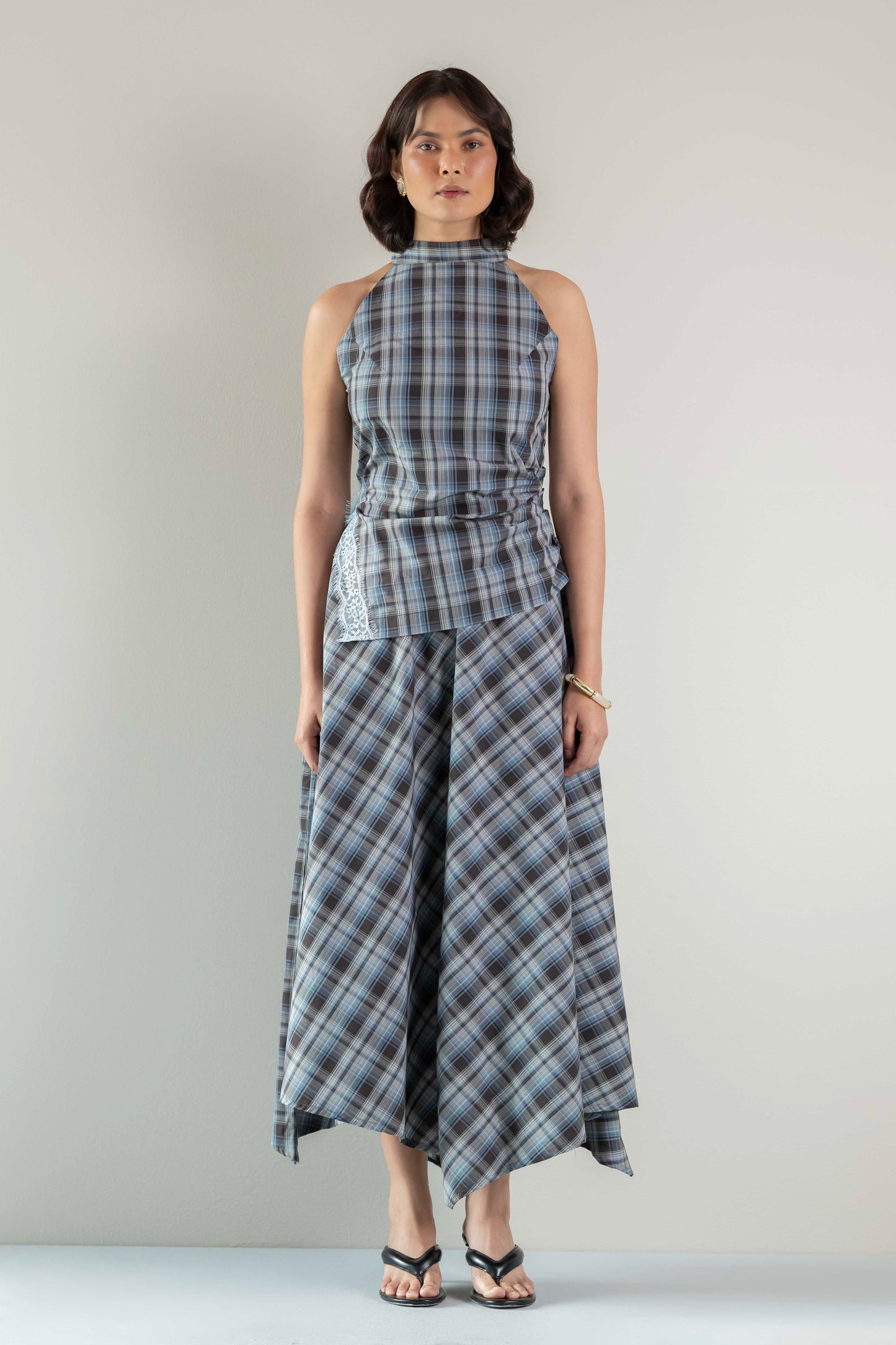 Nova Halter Top- Blue Brown Plaid