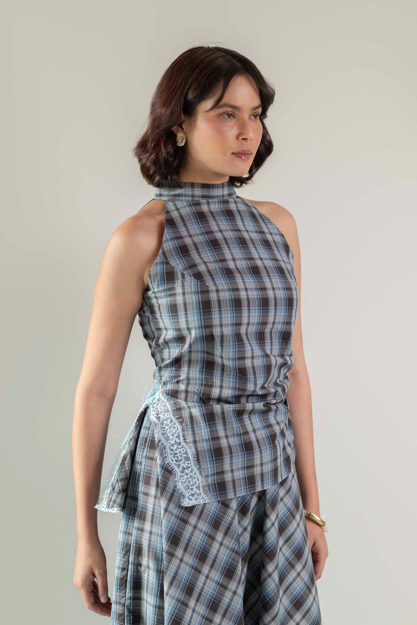 Nova Halter Top- Blue Brown Plaid