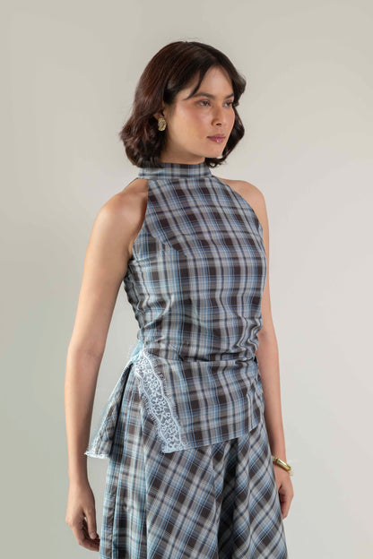 Nova Halter Top- Blue Brown Plaid