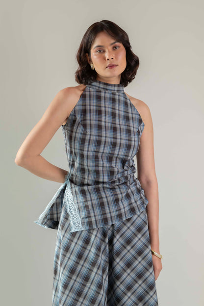 Nova Halter Top- Blue Brown Plaid