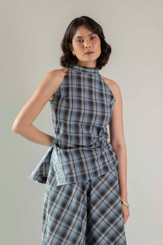 Nova Halter Top- Blue Brown Plaid