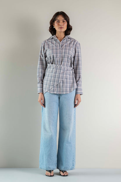 The Sash Wrap Shirt- Pink grey check
