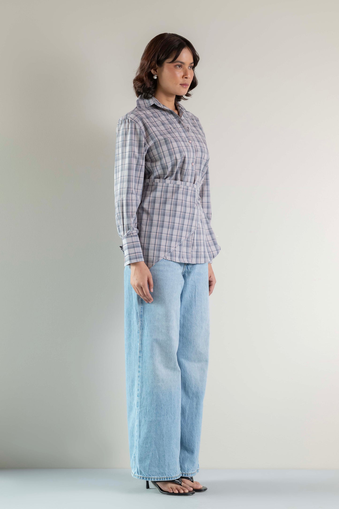 The Sash Wrap Shirt- Pink grey check
