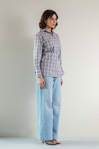 The Sash Wrap Shirt- Pink grey check