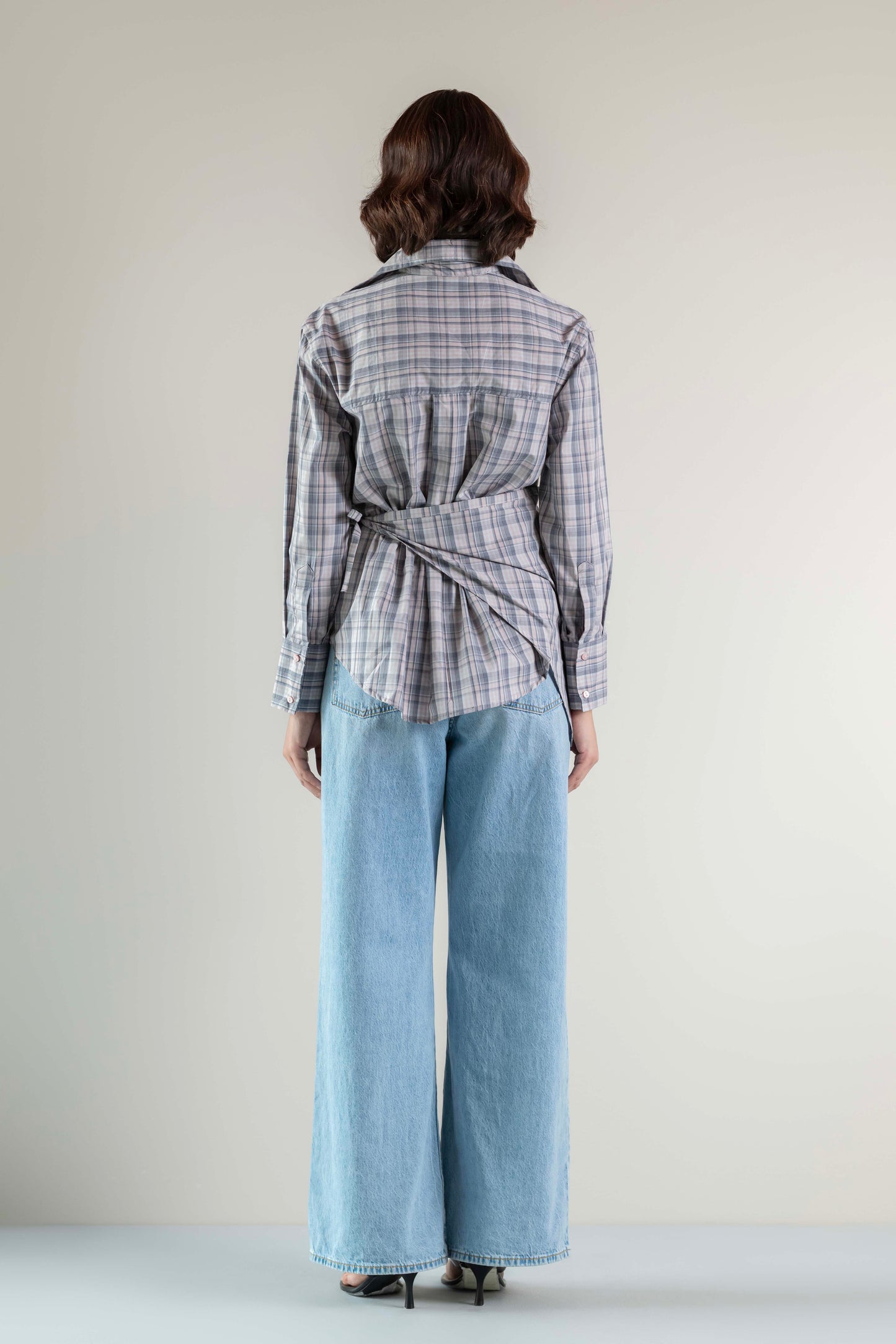 The Sash Wrap Shirt- Pink grey check
