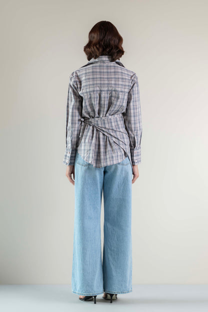 The Sash Wrap Shirt- Pink grey check
