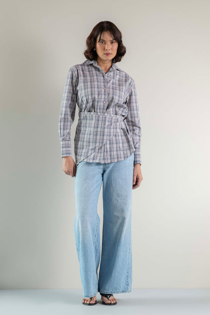 The Sash Wrap Shirt- Pink grey check
