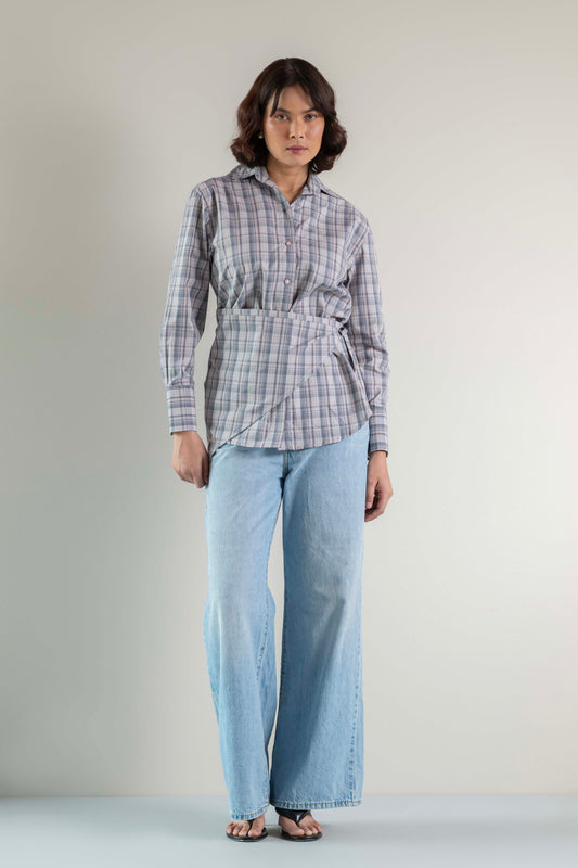 The Sash Wrap Shirt- Pink grey check
