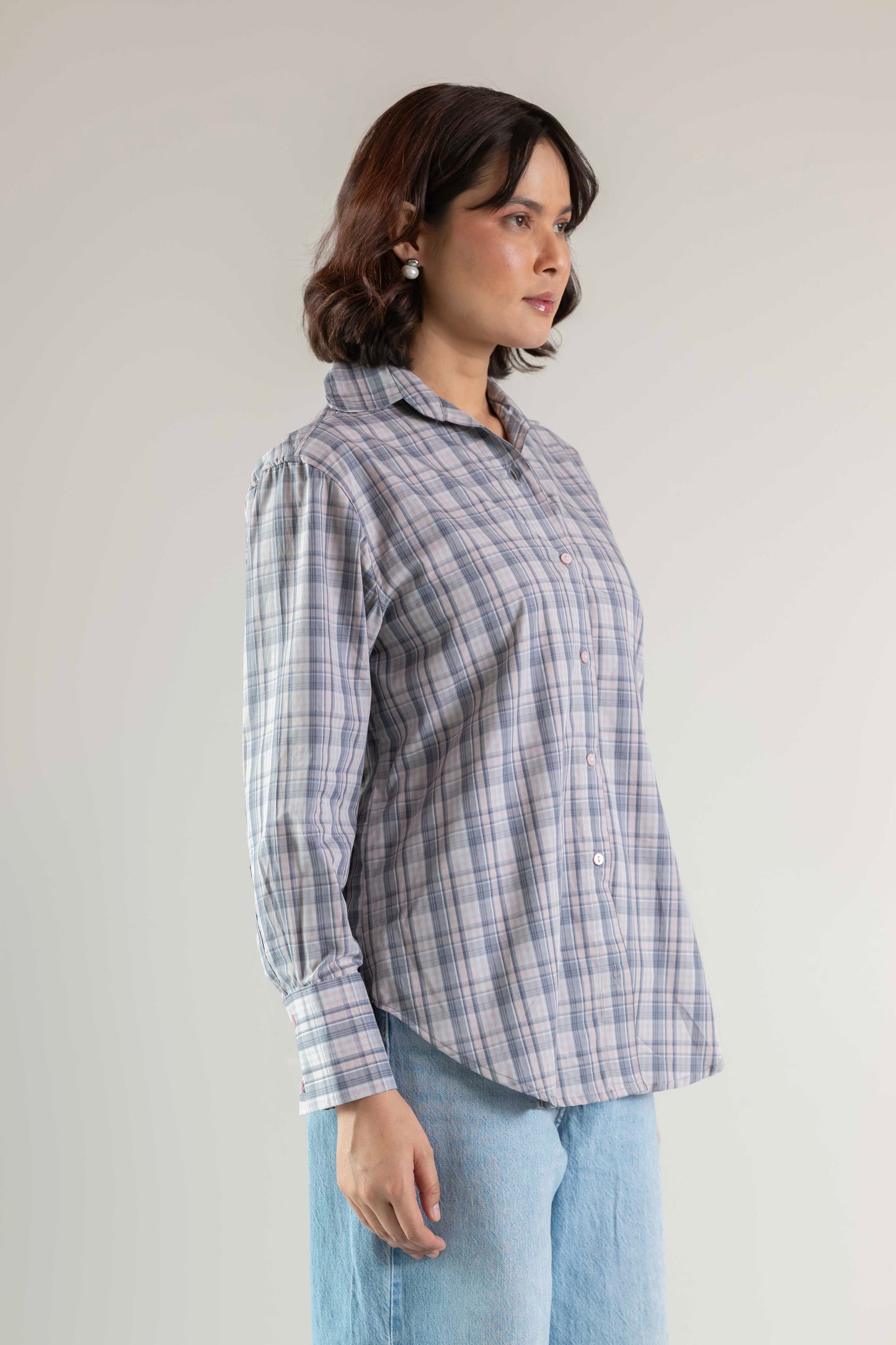 The Sash Wrap Shirt- Pink grey check