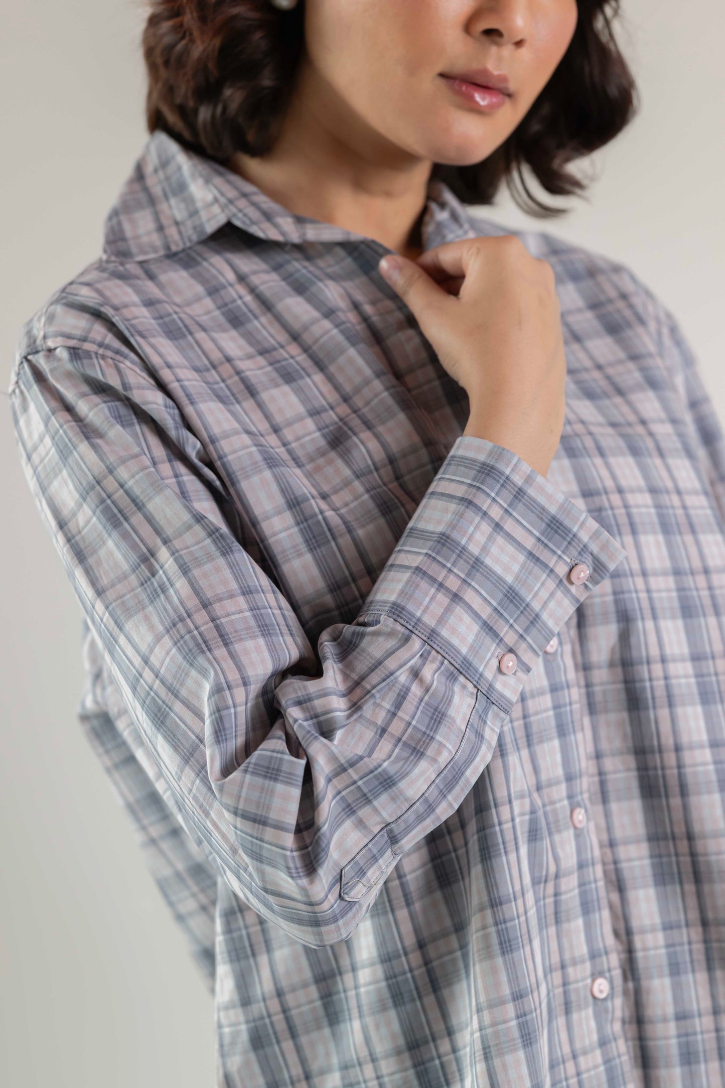 The Sash Wrap Shirt- Pink grey check