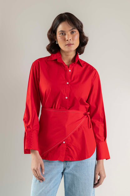 The Sash Wrap Shirt- Goji Red