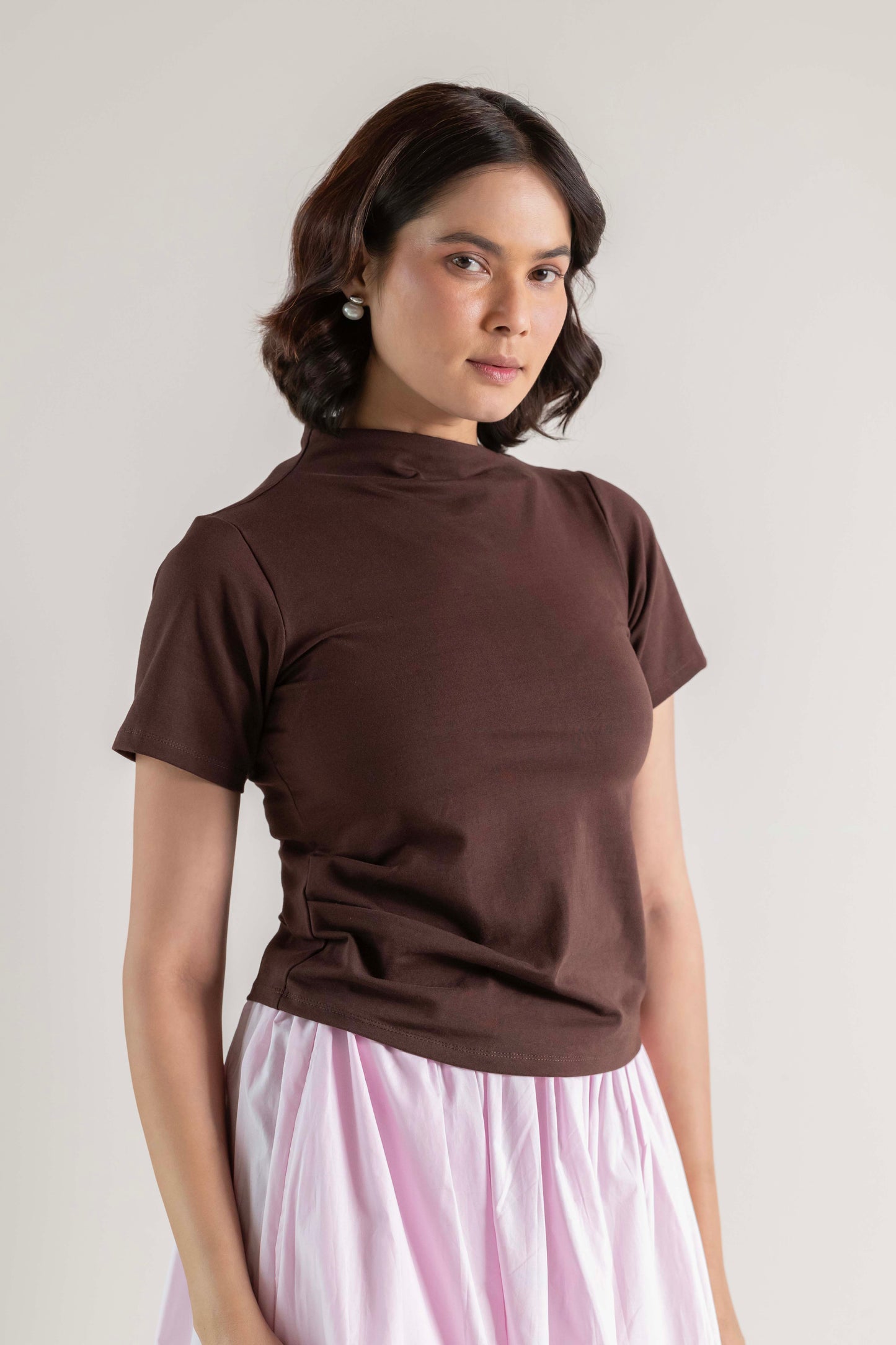 The Mock Neck Tee- Chocolate Brown