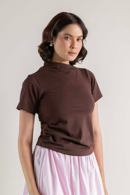 The Mock Neck Tee- Chocolate Brown