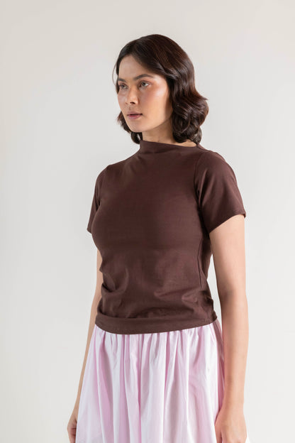 The Mock Neck Tee- Chocolate Brown