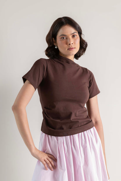The Mock Neck Tee- Chocolate Brown