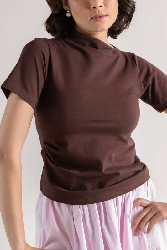 The Mock Neck Tee- Chocolate Brown