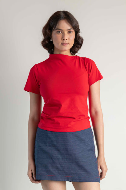 The Mock Neck Tee- Goji Red