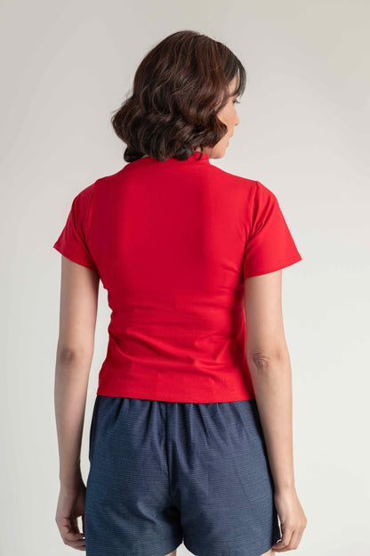 The Mock Neck Tee- Goji Red