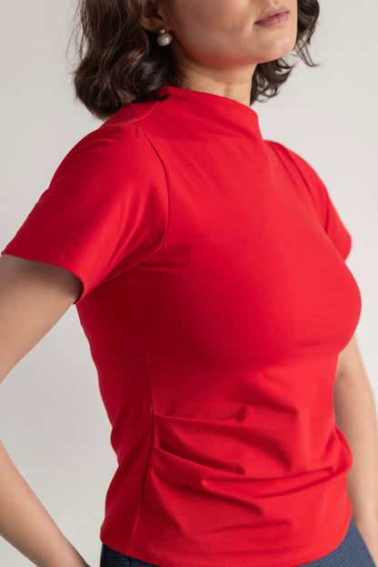 The Mock Neck Tee- Goji Red