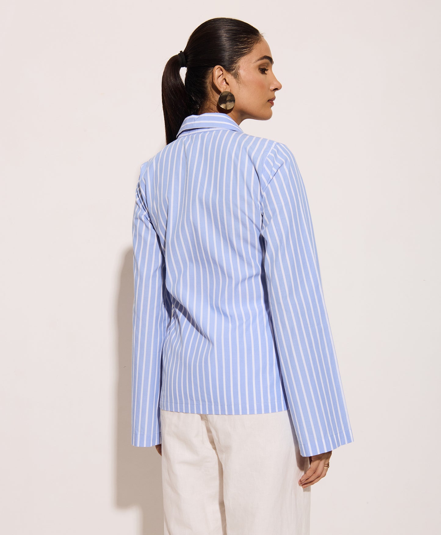 Blue striped cotton wrap top – tailored fit