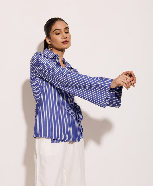 Bold blue wrap shirt for women – tailored cotton fit