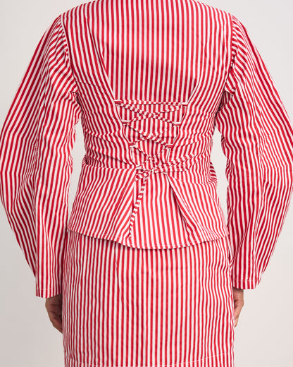 The Fitted Barrel Shirt with a Tie-Back Detail - Red Stripped