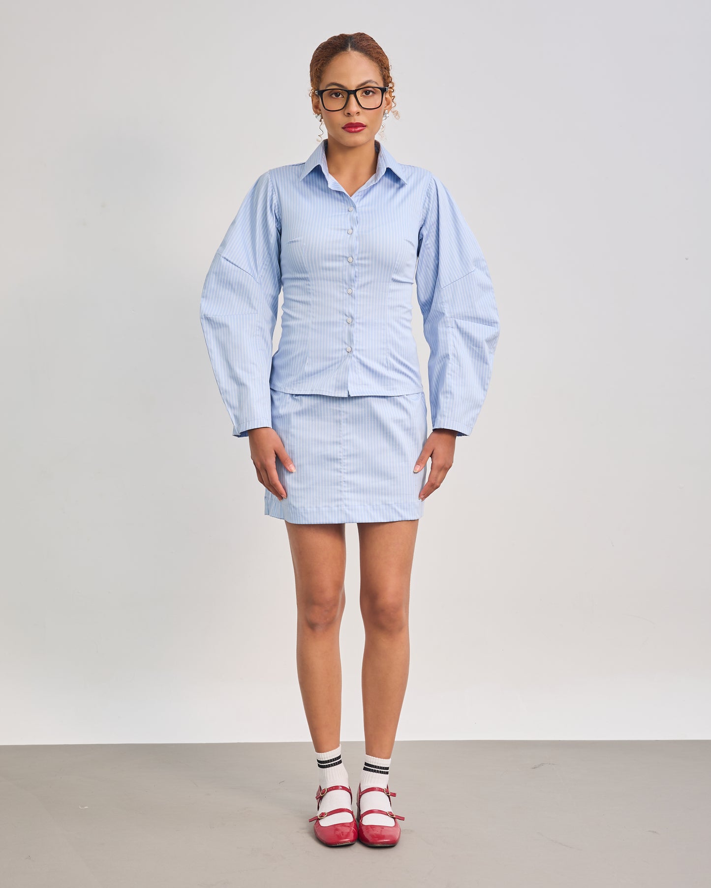 The Fitted Barrel Shirt with a Tie-Back Detail - Powder Blue Stripped