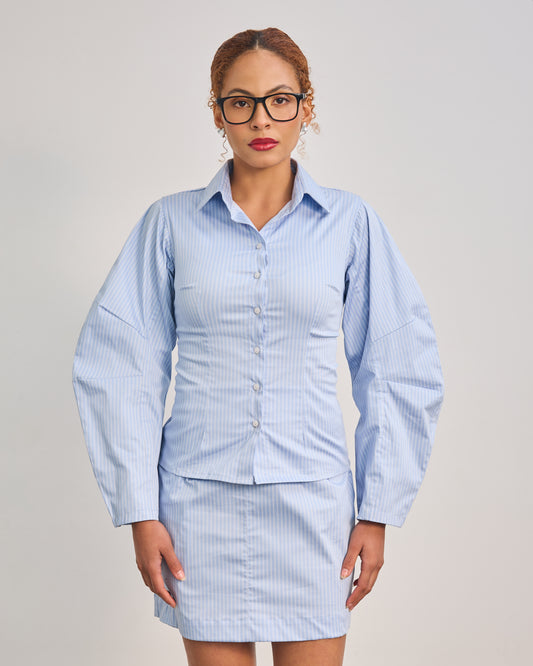 The Fitted Barrel Shirt with a Tie-Back Detail - Powder Blue Stripped