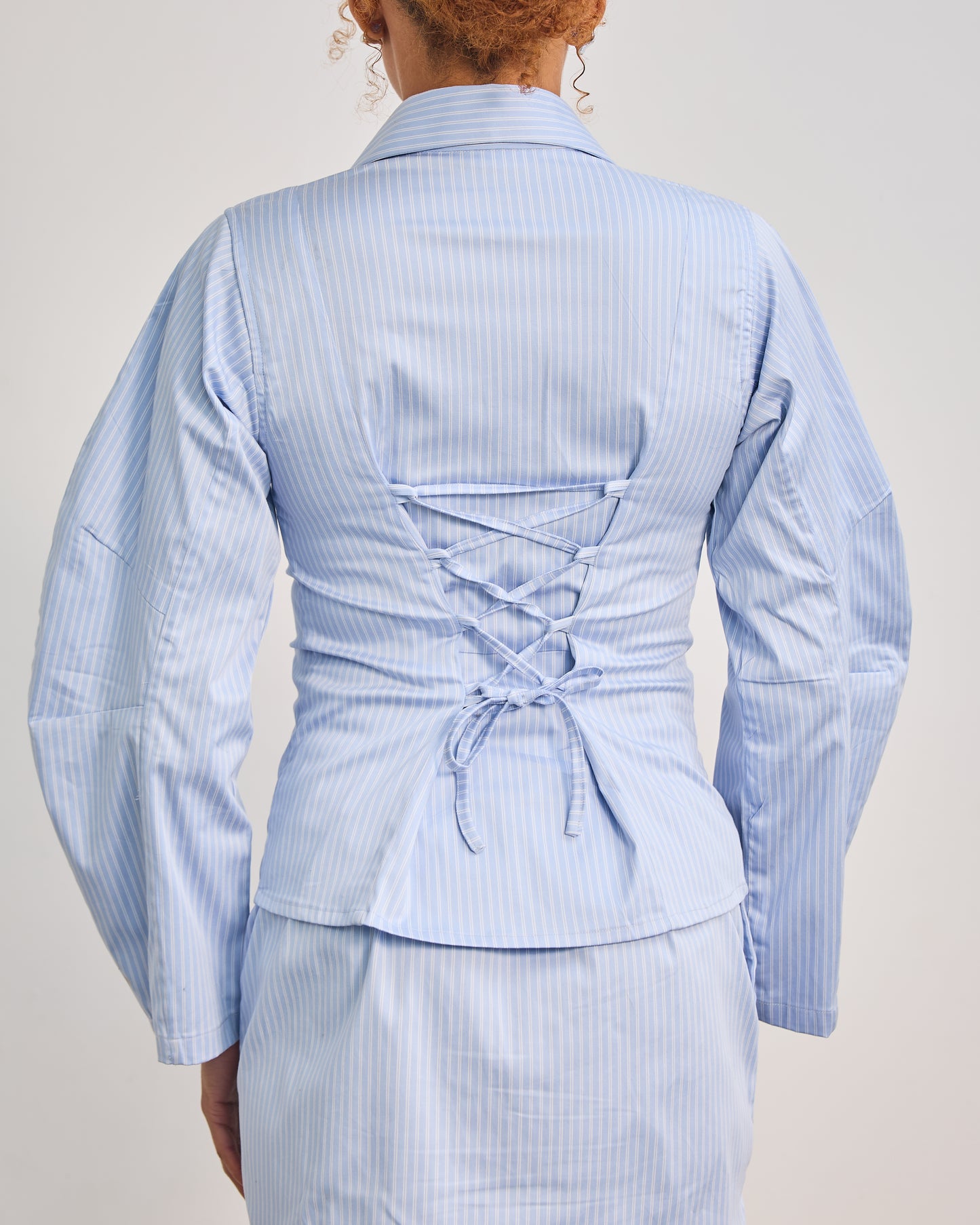 The Fitted Barrel Shirt with a Tie-Back Detail - Powder Blue Stripped