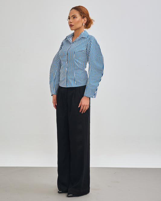 The Fitted Barrel Shirt with a Tie-Back Detail - Blue Stripped