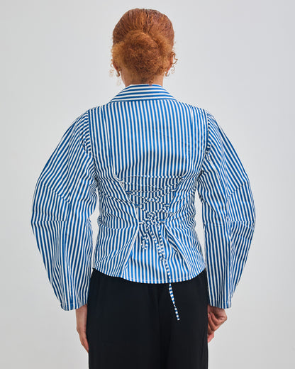 The Fitted Barrel Shirt with a Tie-Back Detail - Blue Stripped