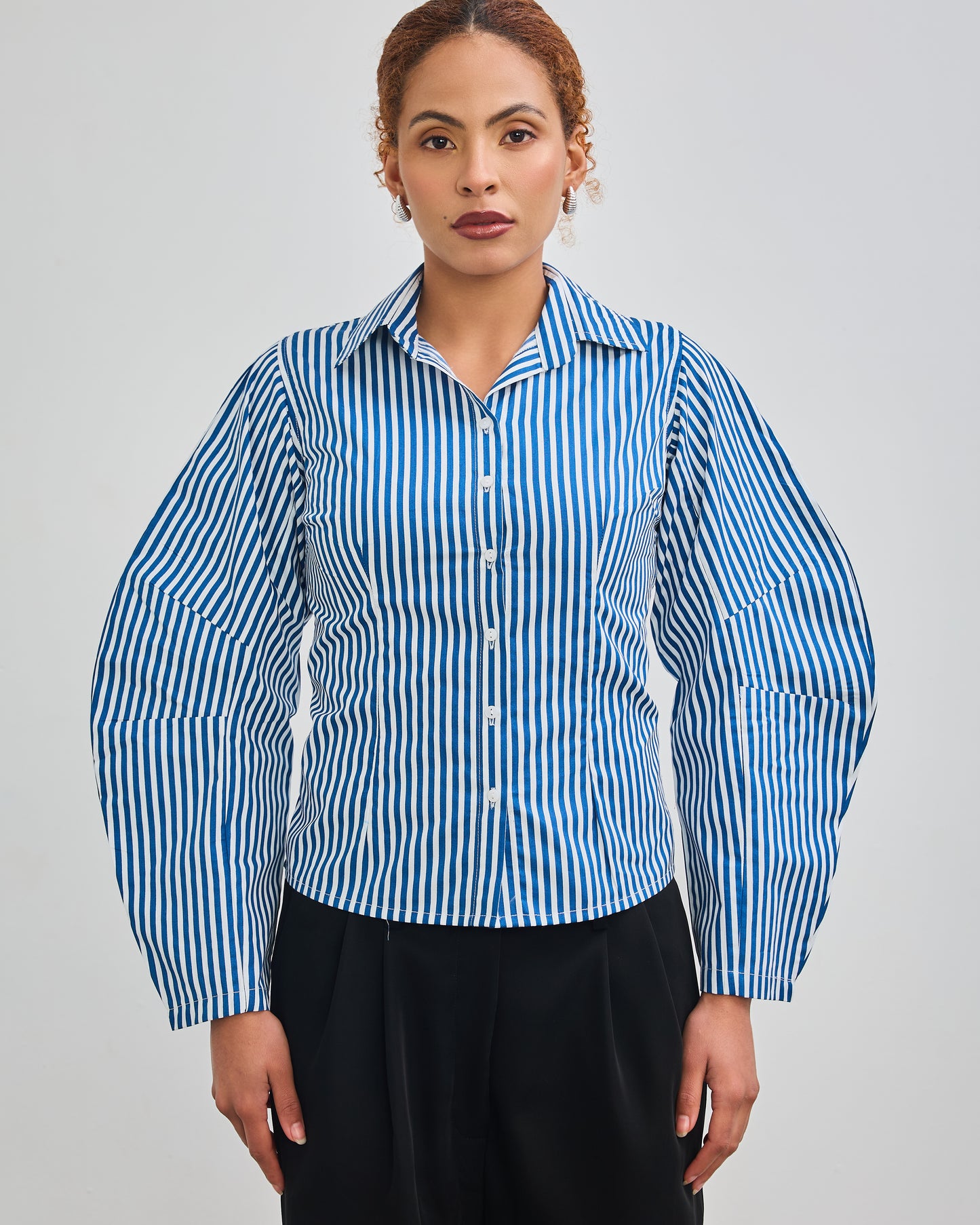 The Fitted Barrel Shirt with a Tie-Back Detail - Blue Stripped
