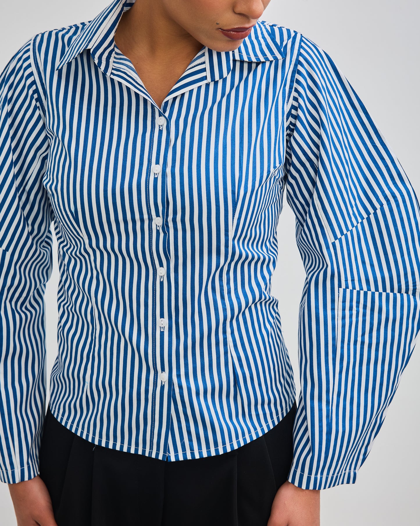 The Fitted Barrel Shirt with a Tie-Back Detail - Blue Stripped