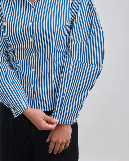 The Fitted Barrel Shirt with a Tie-Back Detail - Blue Stripped