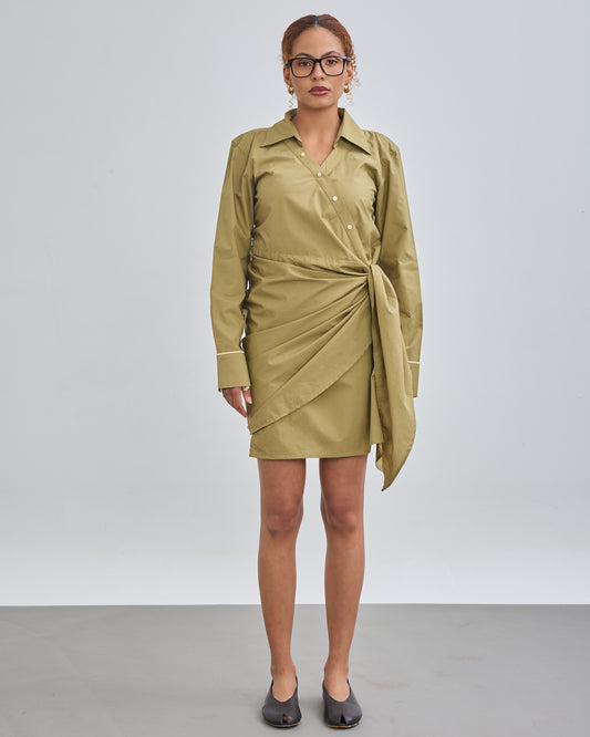 Tie-Wrap Shirt Dress - Olive Green