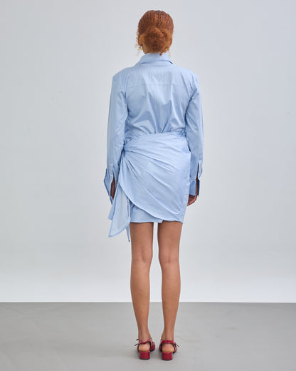 Tie-Wrap Shirt Dress - Powder Blue Stripped