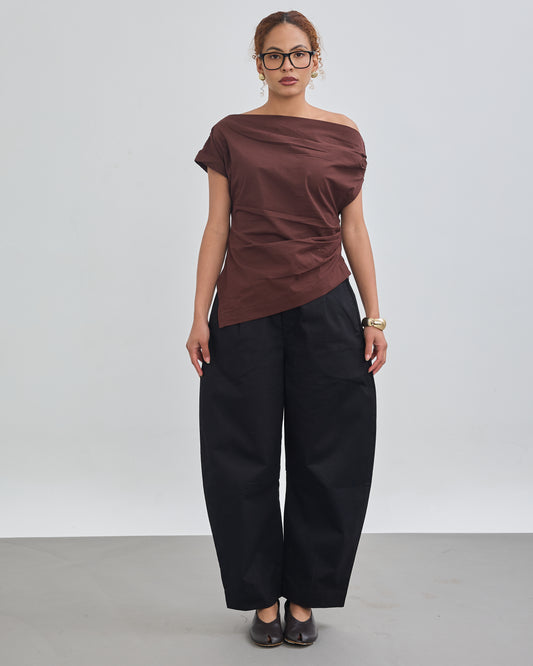 The Wrapline One Shoulder Top - Chocolate Brown