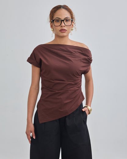 The Wrapline One Shoulder Top - Chocolate Brown