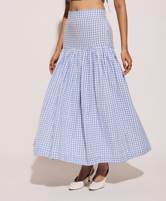 Blue gingham checkered skirt high waist
