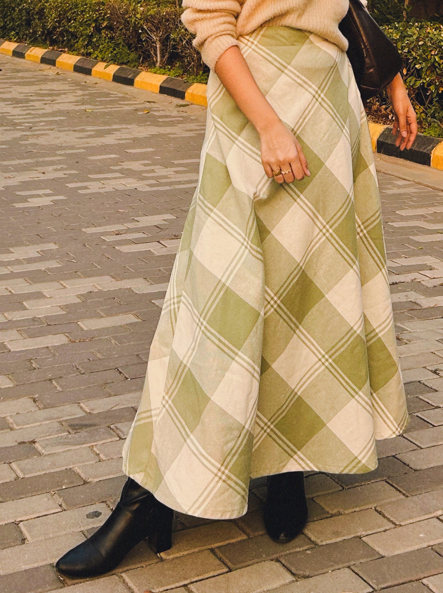 Clofii Green Plaid Brushed Cotton Skirt front view