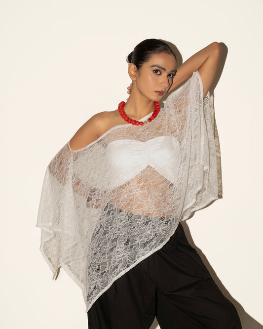 Lace Poncho Top in White - CLOFII