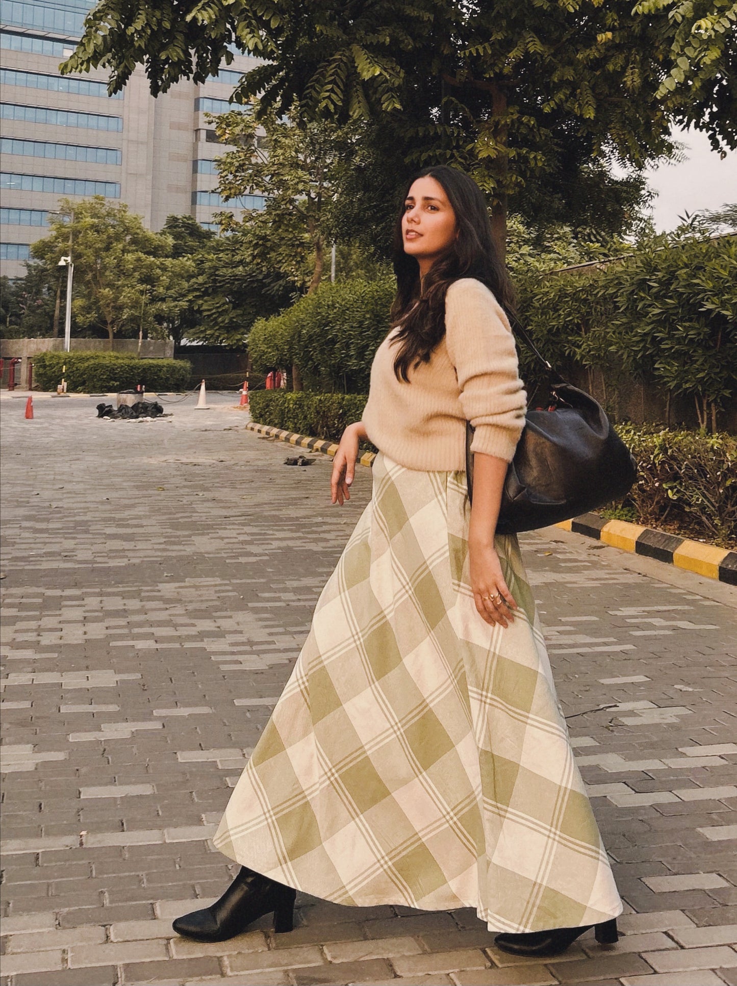 Green plaid winter skirt A-line silhouette