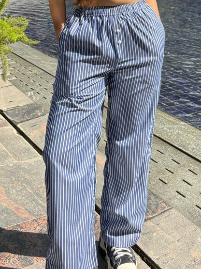 Blue Striped Poplin Pants