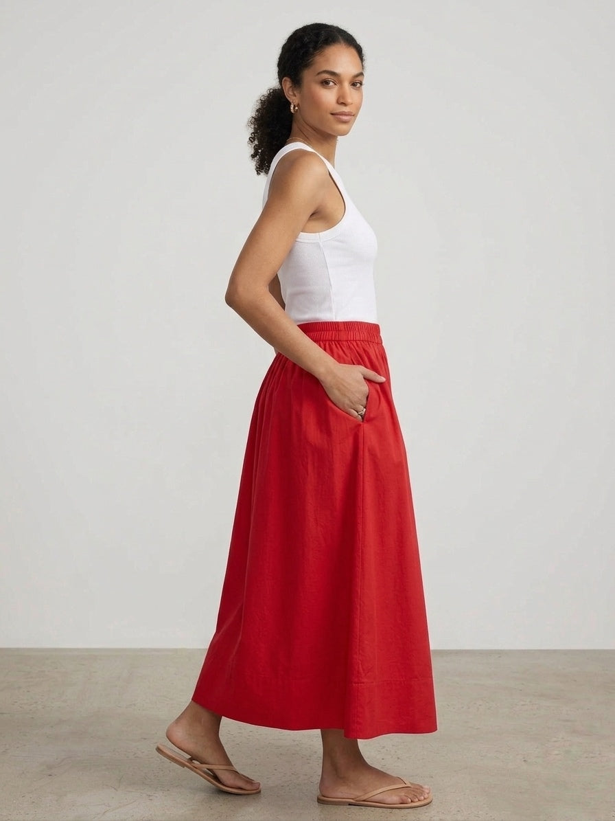 Goji Red Cotton Poplin Skirt