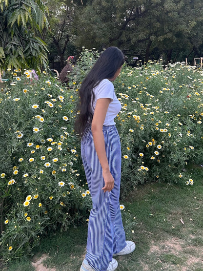 Blue Striped Poplin Pants