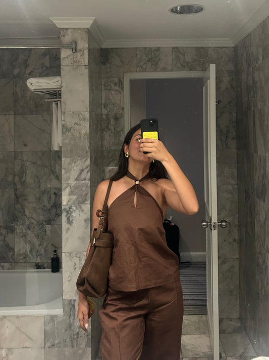 Brown Halter Knot Linen Top