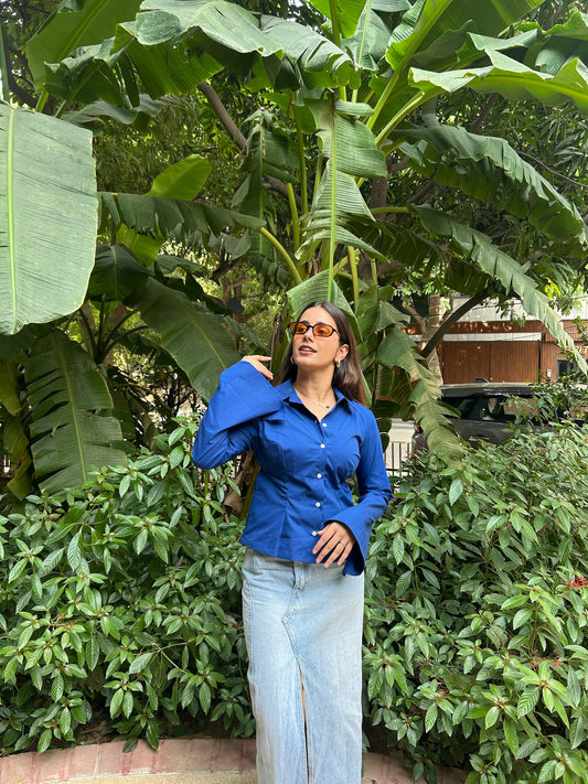 Blue Fitted Shirt – Cotton Poplin Shirt with Tie-Back Detail