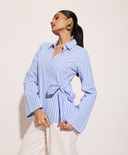 Powder blue wrap blouse for office wear