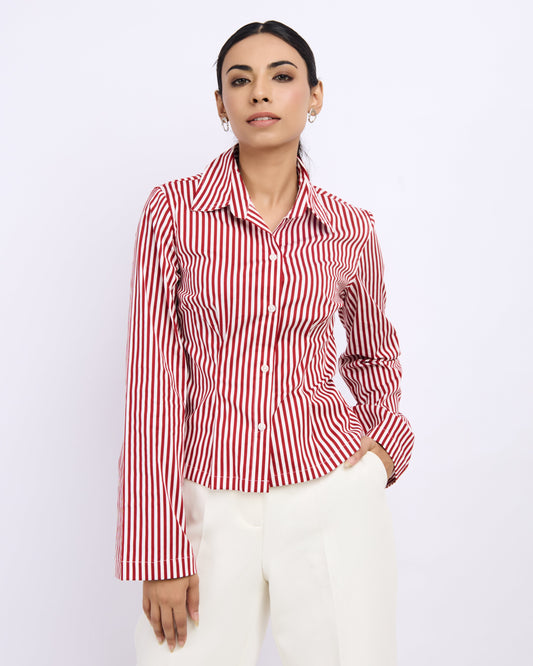 Red stripe fitted shirt for women with tie-back detail